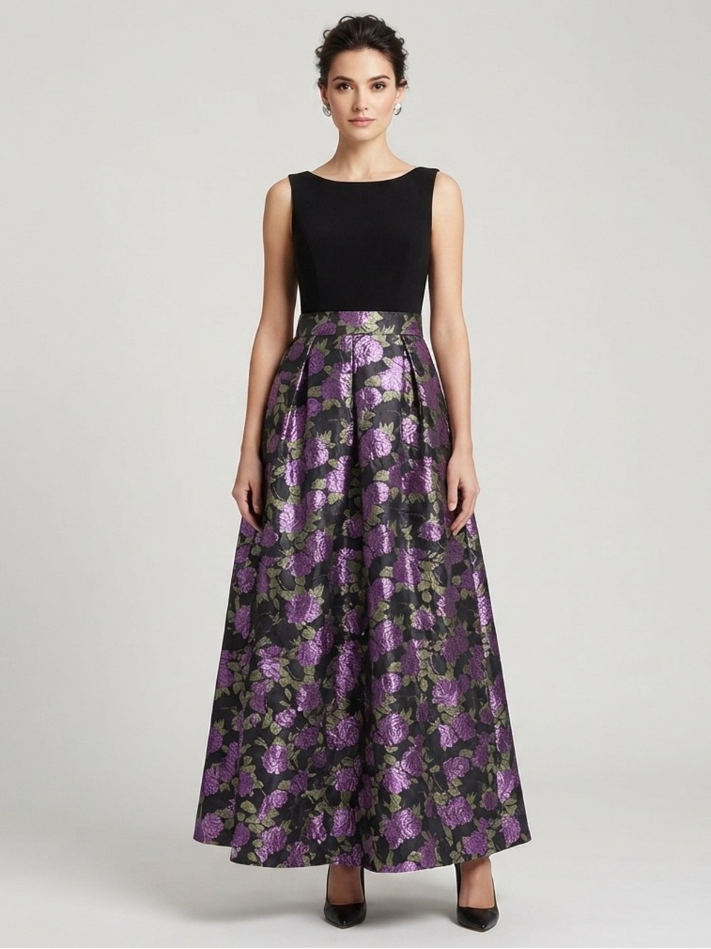 ModCloth S Purple Floral Brocade Jacquard Maxi Dress Black Formal V Back